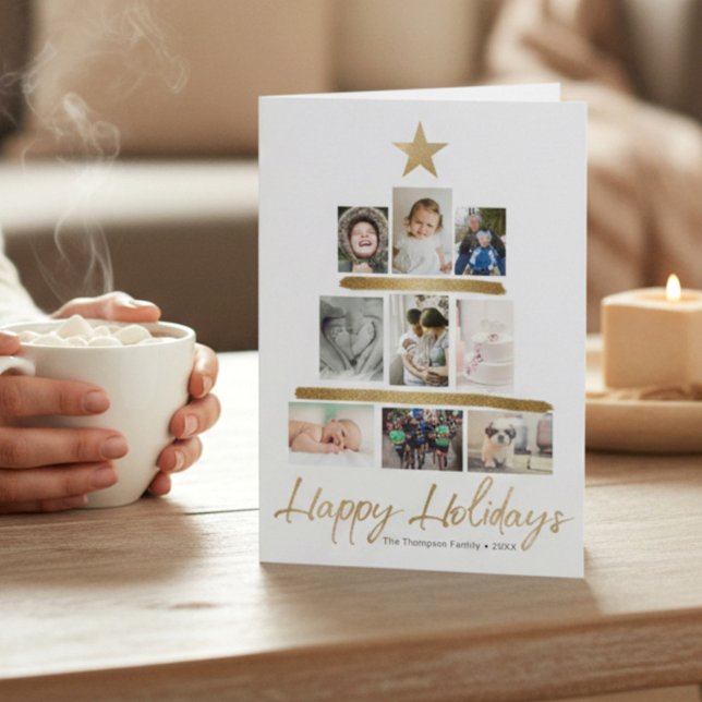 Cartão De Festividades Family Christmas tree photo Collage Year Review (Modern Faux gold star and stroke tree family photo update folded christmas Happy holidays card)
