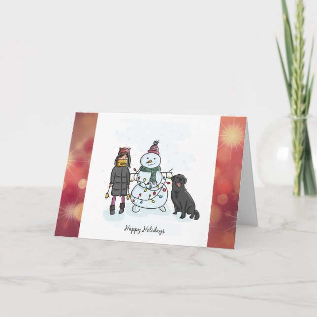Cartão De Festividades Family & Dog Building Snowman Personalized Card (Frente)