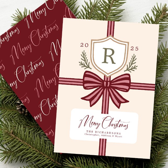 Cartão De Festividades Family Monogram Bow Rustic Non-Photo Holiday Card (Front and Back on a 5" x 7" card)