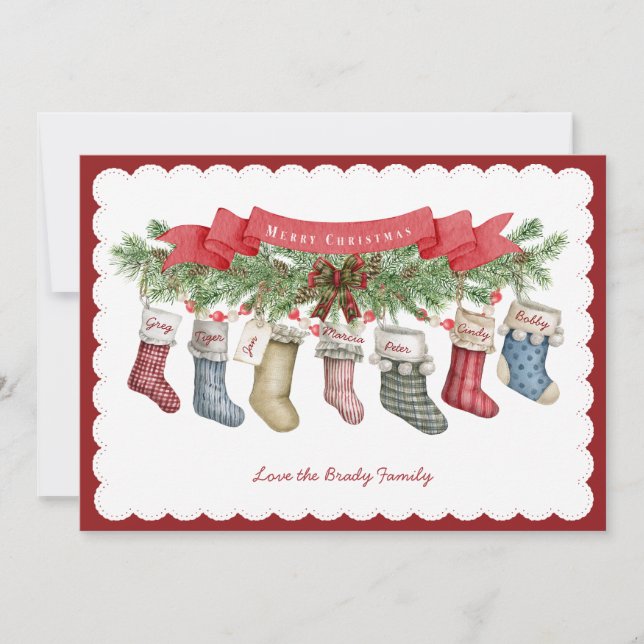 Cartão De Festividades Family of 7 | Christmas Stocking Flat Holiday Card (Frente)