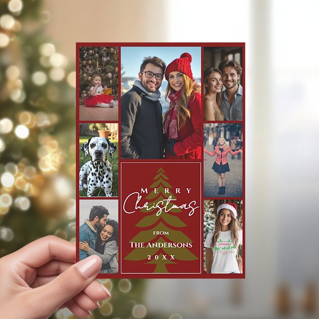 Cartão De Festividades Family Photo Collage Red and Green Merry Christmas (Family Photo Collage Red and Green Merry Christmas Holiday Card)