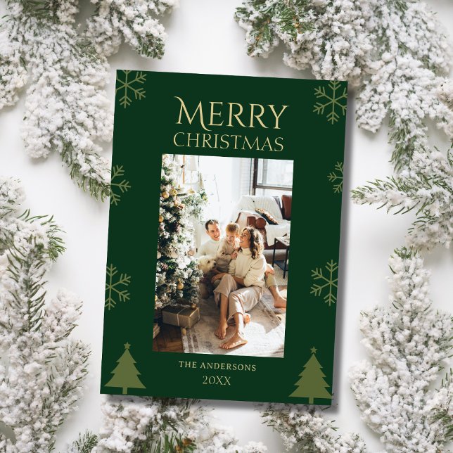 Cartão De Festividades Family photo green custom merry christmas Card (Criador carregado)