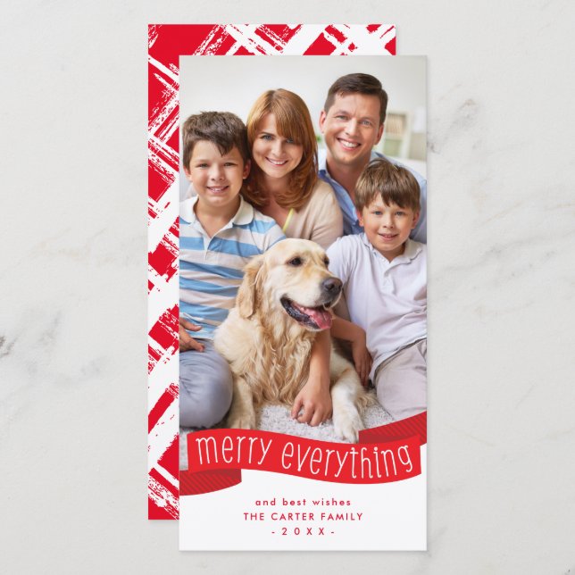 Cartão De Festividades FAMILY PHOTO merry everything ribbon red  (Frente/Verso)