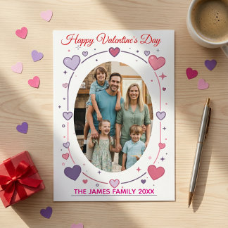 Cartão De Festividades Family Photo Valentine's | Modern Pink & Purple 