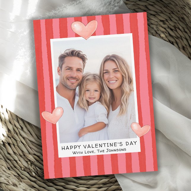 Cartão De Festividades Family Valentine's Day Photo with Hearts Stripes (Available in both printed and instant download digital formats.)