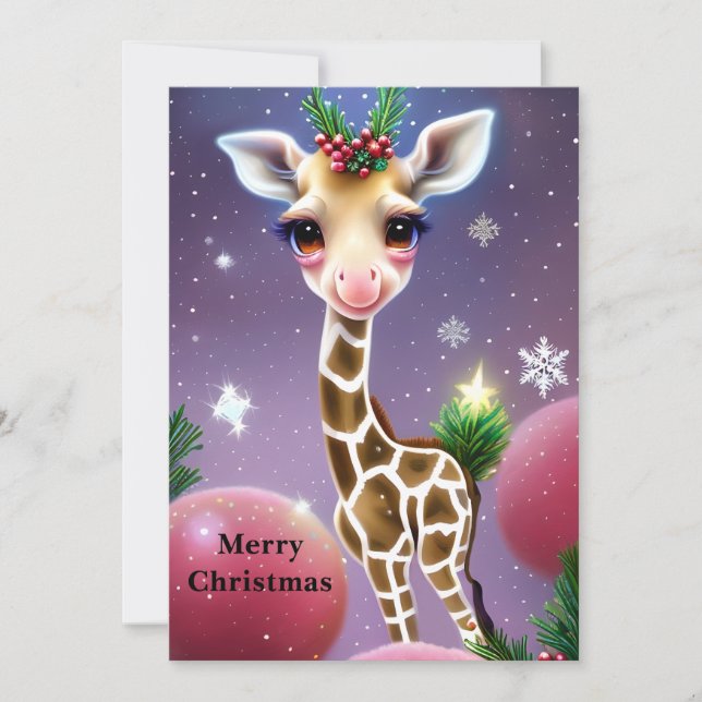Cartão De Festividades Fantasia Adorável, Baby Giraffe com Holly (Frente)