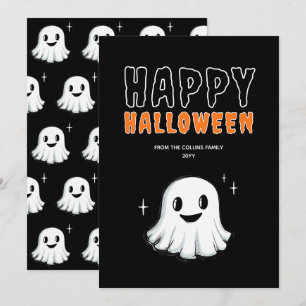 Cartão De Festividades Fantasma Bonito Laranja e Preto Assustador Feliz H