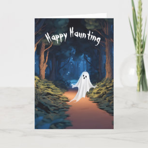 Cartão De Festividades Fantasma Branco de Halloween na Floresta