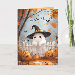 Cartão De Festividades Fantasma de Halloween com abóboras