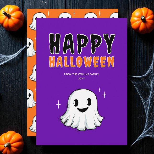 Cartão De Festividades Fantasma-Fantasma-Laranja-Roxo Feliz Halloween (Cute Ghost Orange Purple Spooky Happy Halloween Holiday Card)