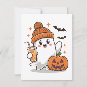 Cartão De Festividades Fantasma, Morcegos, Abóbora e Bebida, Cute Hallowe