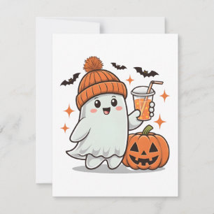 Cartão De Festividades Fantasma, Morcegos, Abóbora e Bebida, Cute Hallowe