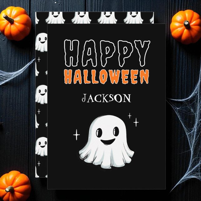 Cartão De Festividades Fantasma Negro, Fantasma, Feliz Dia das Bruxas (Black Cute Ghost Spooky Custom Happy Halloween Holiday Card)