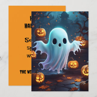 Cartão De Festividades Fantasmagorico Adorável Pequeno Fantasma e Abóbora