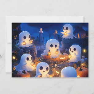 Cartão De Festividades Fantasmas de Halloween Lanternas de Abóbora Noite 
