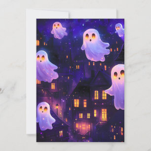 Cartão De Festividades Fantasmas de Voo de Cartoon no Halloween Meia-Noit