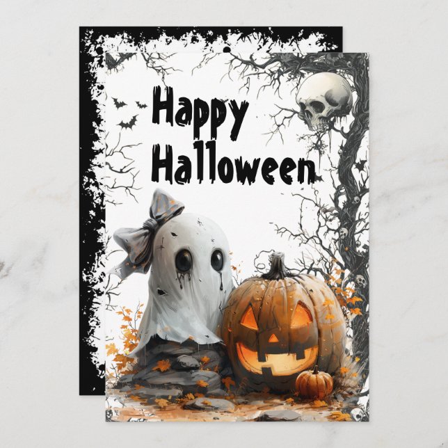 Cartão De Festividades Fantasmas Felizes — Halloween Personalizável (Frente/Verso)