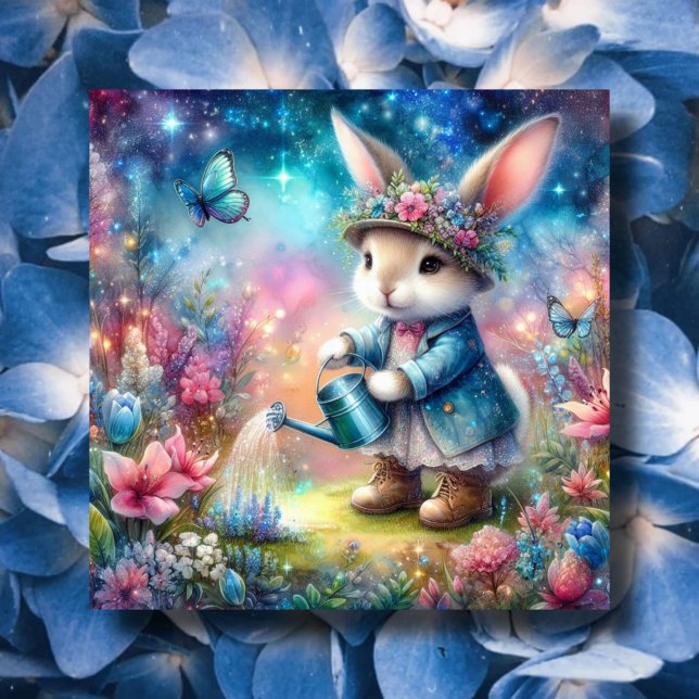 Cartão De Festividades Fantasy Sparkle Watercolor Páscoa Bunny (Criador carregado)
