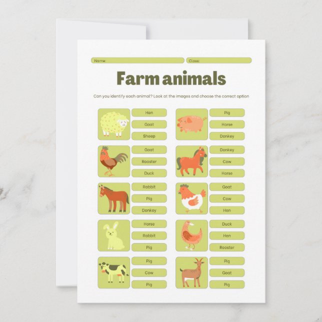 Cartão De Festividades Farm Animals Identification Educational Worksheet (Frente)