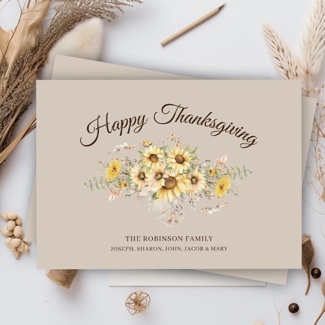 Cartão De Festividades Farmhouse Floral Sunflower Feliz Ação de Graças (elegant modern farmhouse taupe beige sunflowers floral Happy Thanksgiving cards with no photo)