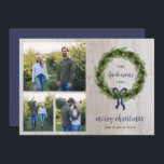 Cartão De Festividades Farmhouse Pine Wreath 3 Foto | Carta de Natal<br><div class="desc">cartões com fotos de feriado personalizados com barato simples para personalização. Essa simples design de inspiração de fazenda apresenta uma coroa de ramificações de pinheiros e pinecones com um arco azul marinho sobre um fundo de madeira curvada rústica. Adicione a sua carta de Natal pessoal da família ou o ano...</div>