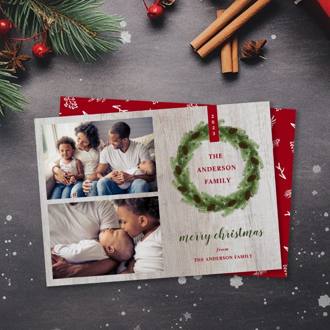 Cartão De Festividades Farmhouse Pine Wreath Feliz Natal 2 Foto (Criador carregado)
