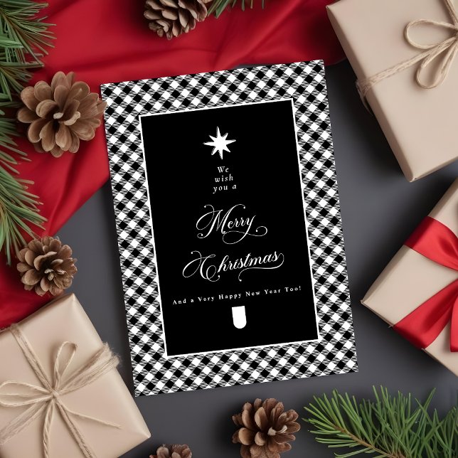 Cartão De Festividades Farmhouse Plaid Chalkboard Merry Christmas Photo (Criador carregado)