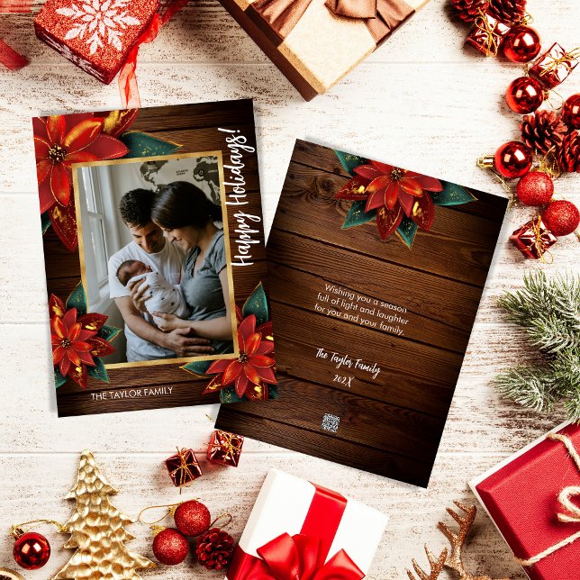 Cartão De Festividades Farmhouse Poinsettia Feliz Foto da Família de Nata (Criador carregado)