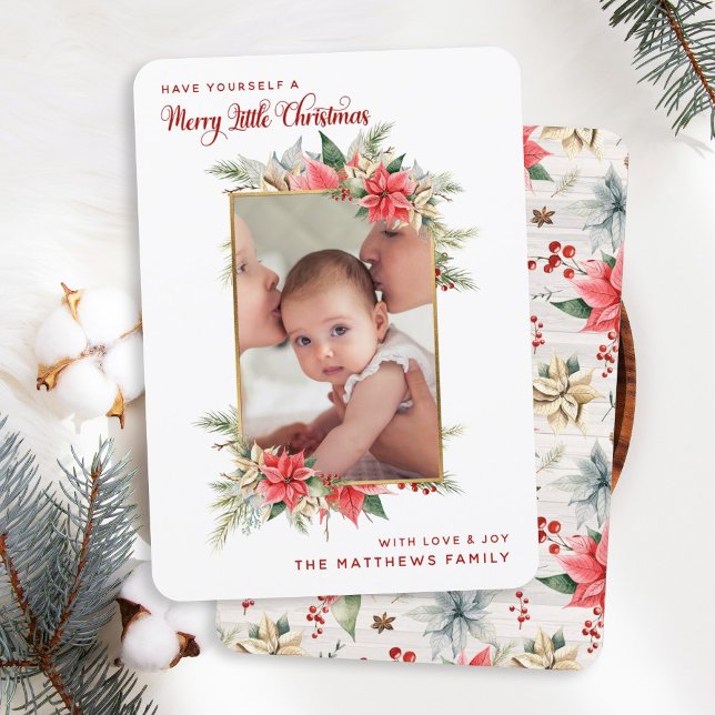 Cartão De Festividades Farmhouse Poinsettia Feliz pequena foto de Natal (Criador carregado)