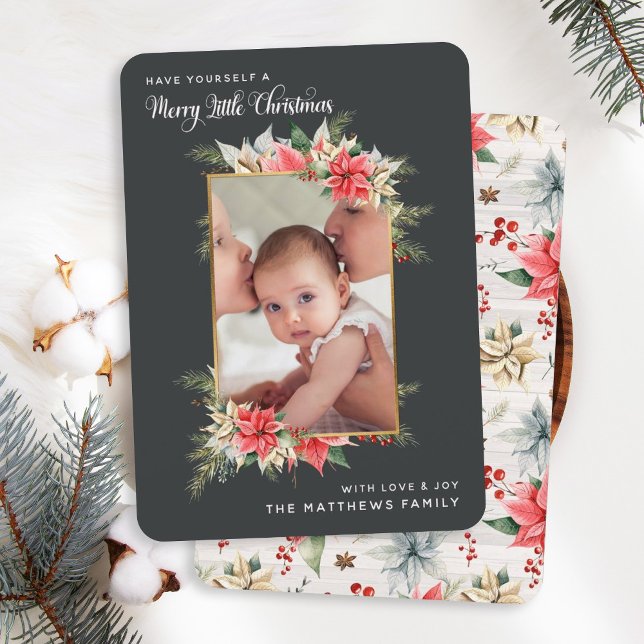 Cartão De Festividades Farmhouse Poinsettia Feliz pequena foto de Natal (Criador carregado)