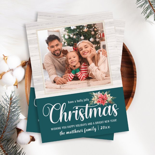 Cartão De Festividades Farmhouse Poinsettia Holly Jolly Natal 1 Foto (Criador carregado)