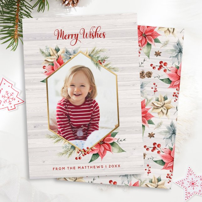 Cartão De Festividades Farmhouse Poinsettia Rustic Hexagon Framed Photo (Criador carregado)