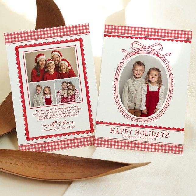 Cartão De Festividades Farmhouse Red Gingham Bow Christmas Holiday Photo (Criador carregado)