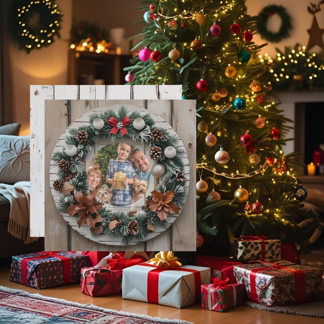 Cartão De Festividades Farmhouse Wreath Customable Family Christmas (Criador carregado)