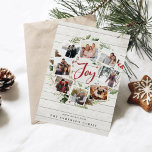 Cartão De Festividades Farmhouse Wreath | Holiday Photo Collage Card<br><div class="desc">A festive holiday card design that features eight of your favorite photos arranged in a round wreath design accented by green watercolor foliage, pine cones and red holly berries on a white farmhouse wood shiplap background. "Joy" appears in the center in festive red hand lettered brush script typography. Personalize this...</div>