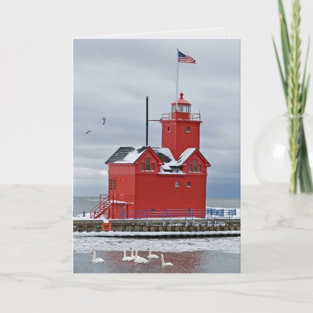 Cartão De Festividades Farol Vermelho Grande de Michigan Com Cisnes (Frente)