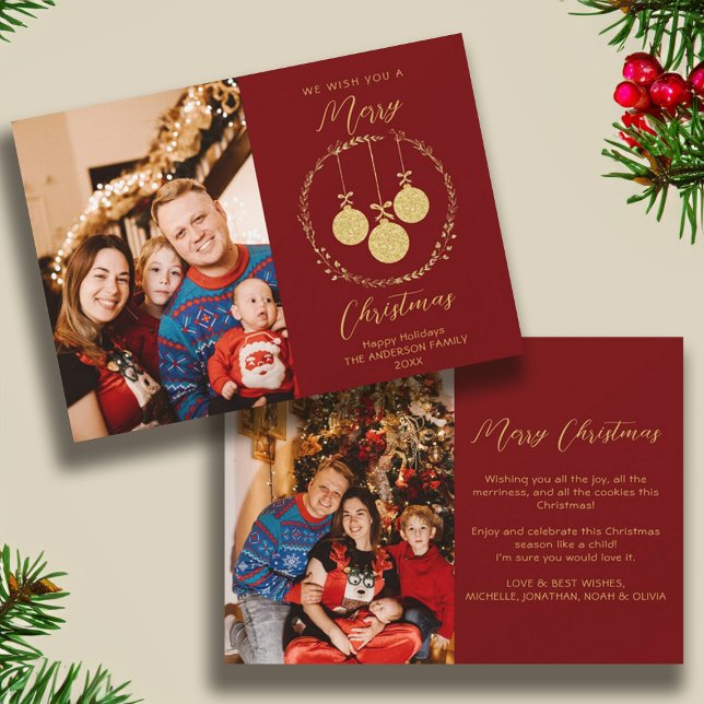 Cartão De Festividades Faux Gold Foil Elegante Maroon de Foto de Natal (Faux Gold Foil Elegant Christmas Photo Maroon Holiday Card)