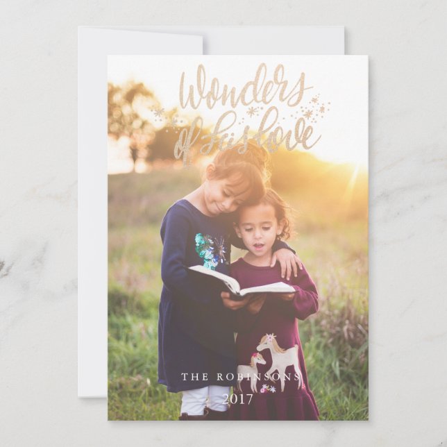 Cartão De Festividades Faux Gold ScriptWonders of His Love Holiday Photo (Frente)
