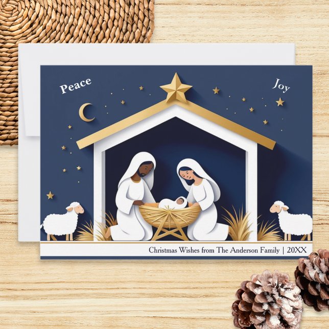 Cartão De Festividades Faux Papercraft Peace & Joy Natividade Christmas (A faux papercraft Christmas card with nativity scene. Mary, Joseph and baby Jesus in the manger)