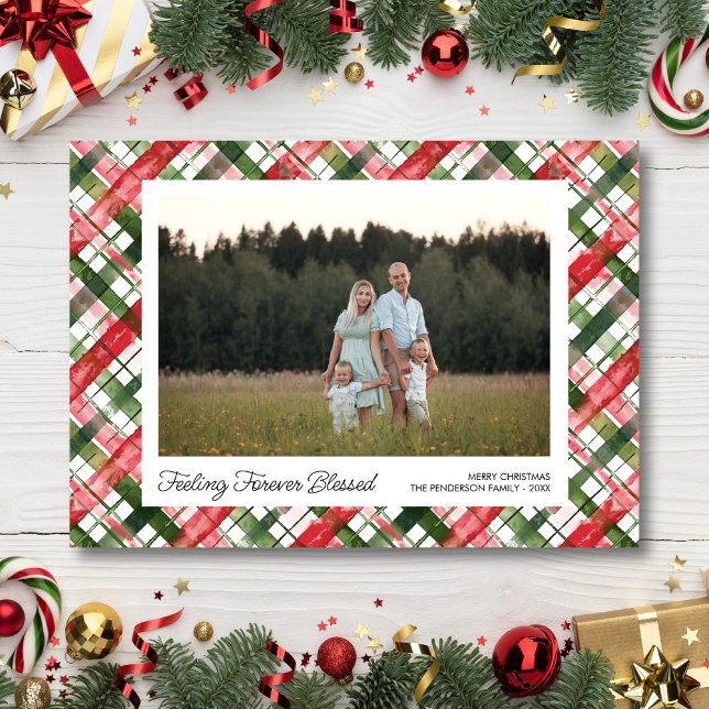 Cartão De Festividades Feeling Blessed, Fun Plaid Christmas Photos Custom (Criador carregado)
