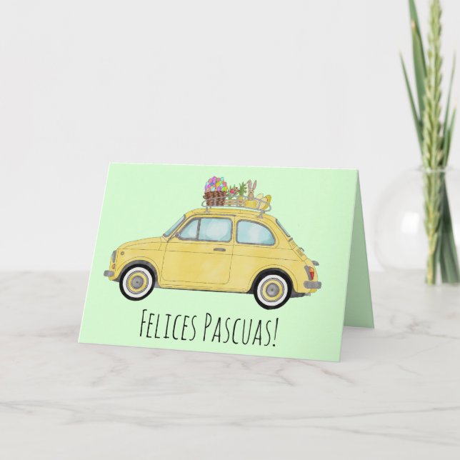 Cartão De Festividades Felices Pascua - Páscoa Espanhola Retro Fiat 500 (Frente)