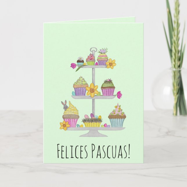 Cartão De Festividades Felices Pascuas cupcakes de aquarelas Páscoas espa (Frente)