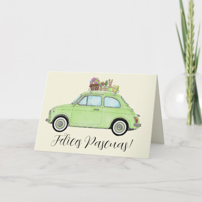 Cartão De Festividades Felices Pascuas - Páscoa espanhola - Retro Fiat 50 (Frente)