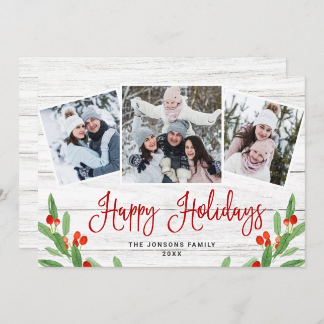 Cartão De Festividades Felicidade natalícia em madeira branca 3 FOTOS (Frente/Verso)