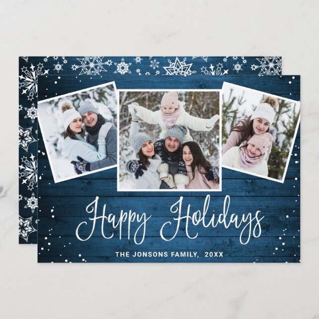 Cartão De Festividades Felicidade natalícia - Madeira azul 3 FOTO Saudaçã (Frente/Verso)