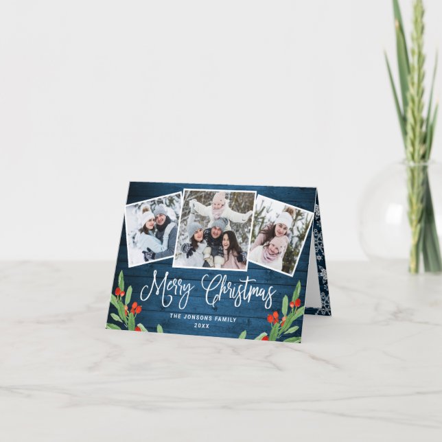 Cartão De Festividades Felicidade natalícia - Madeira azul 3 FOTO Saudaçã (Frente)