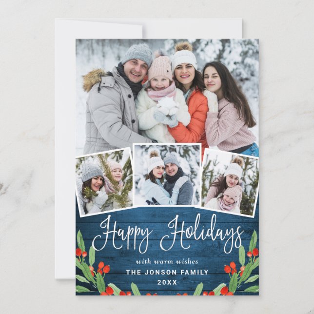 Cartão De Festividades Felicidade natalícia Rústica Madeira Azul 4 FOTO S (Frente)