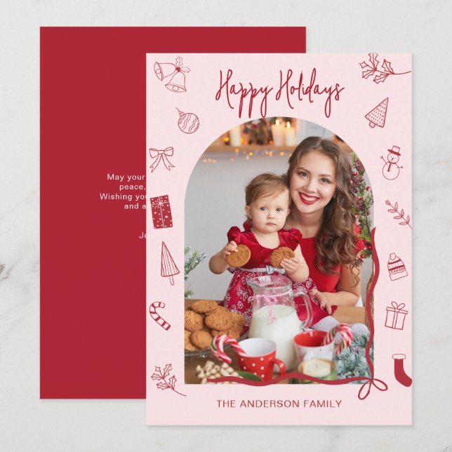 Cartão De Festividades Felicidades de Natal Retro Foto Desenhada à Mão (Frente/Verso)