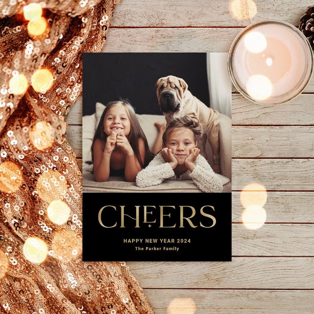 Cartão De Festividades Felicidades | Feliz ano novo de Texto Decorativo D (A modern photo card that says "Cheers" - the perfect way to wish loved ones a happy new year)