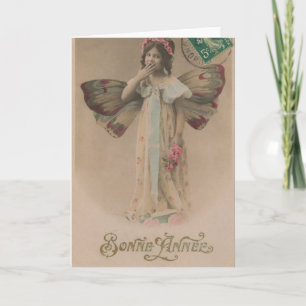 Cartão De Festividades Felicidades Francês Ano Novo Fada Menina Vintage